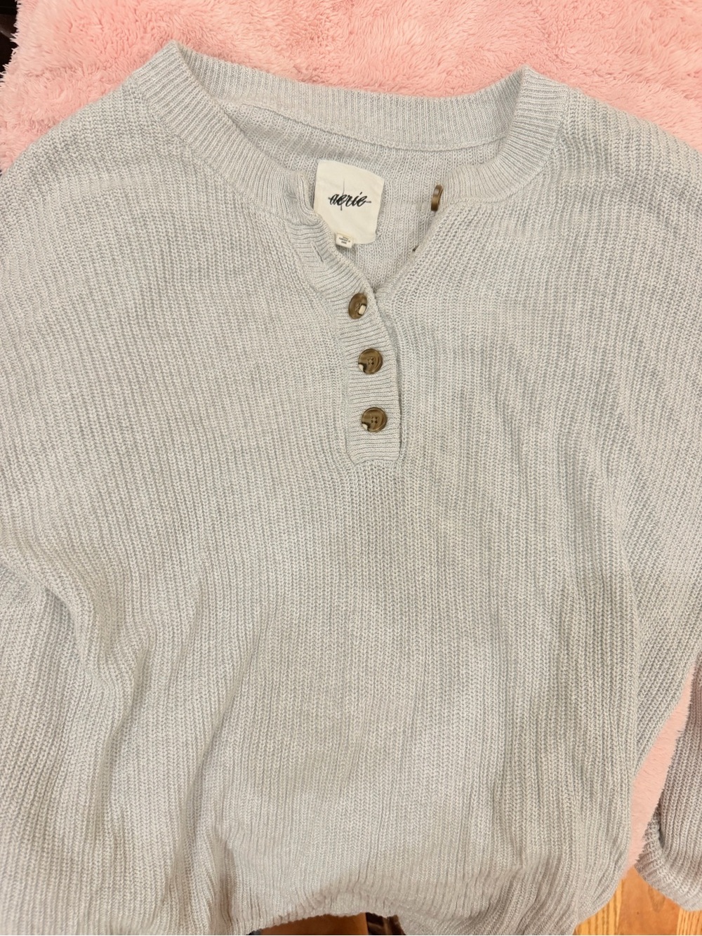 aerie Light Gray Henley Waffle-Knit Pullover